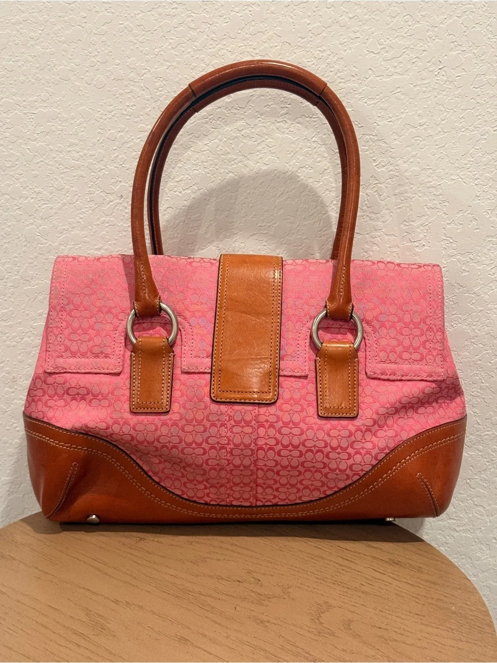 Coach Y2K Pink Canvas and Tan Leather Shoulder Satchel